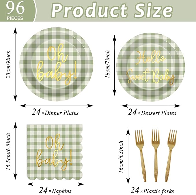 96PCS Sage Green Baby Shower Decorations Gold Sage Green Checkered Paper Plates Scalloped Napkins Tableware Set Hello Sweet Baby Disposable Dinnerware Favor for Gender Reveal Birthday Party Supplies