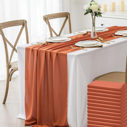 12 Pack Chiffon Table Runner 14x108 Inch Long 9ft Sheer Table Runners for Party Romantic Wedding Bridal Shower Fall Decorations-Rust