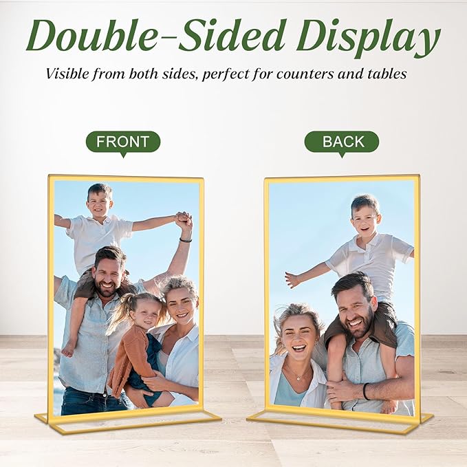 10 Pack Gold Acrylic Sign Holders 4x6 Inch, Double Sided Vertical Stand Clear Picture Frames, Table Menu Display Holders for Wedding Table Numbers, Restaurant Signs, Party and Office Photos
