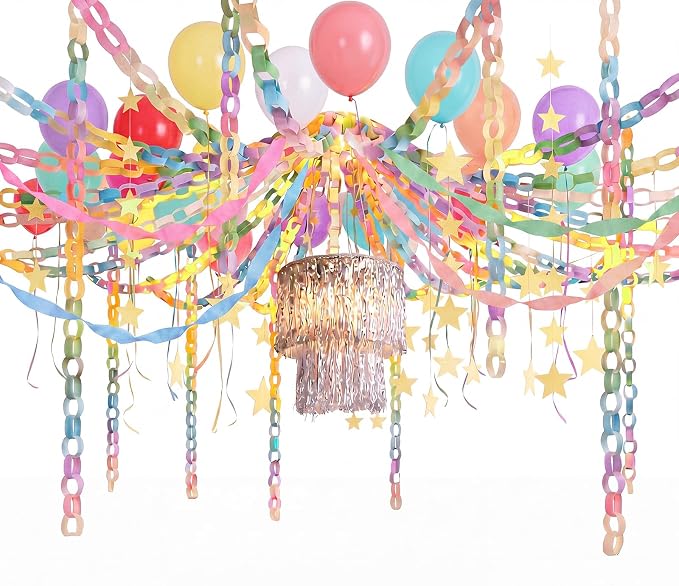 Blueweenly Fancy Princess Birthday Party Decorations Paper Chain Garland Strip Ceiling Party Classroom Decor Crepe Streamer Glitter Star Chandelier Balloons for Wedding Birthday(Macaron,Small,8 Pcs)