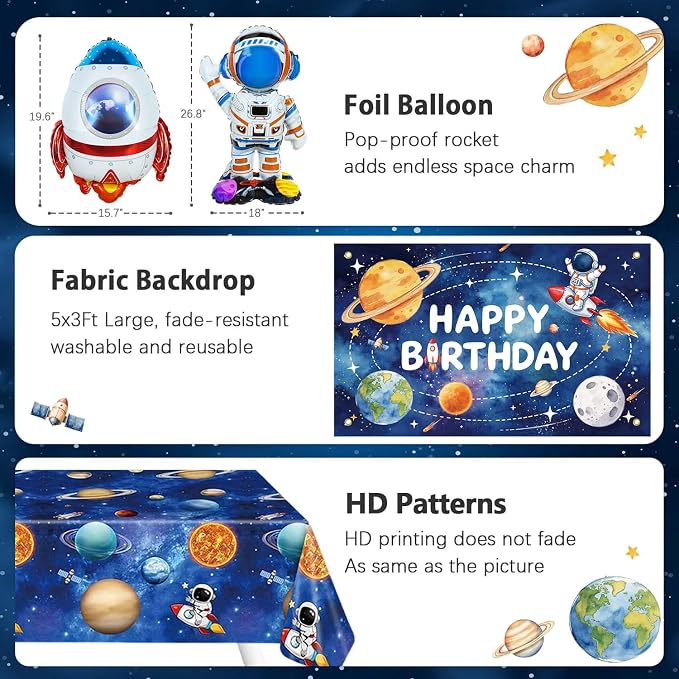 139Pcs Space Themed Party Decorations, All-In-One Outer Space Planet Birthday Banner Backdrop Cake Cupcake Toppers Tablecloth Astronaut Rocket Balloon Garland Kit