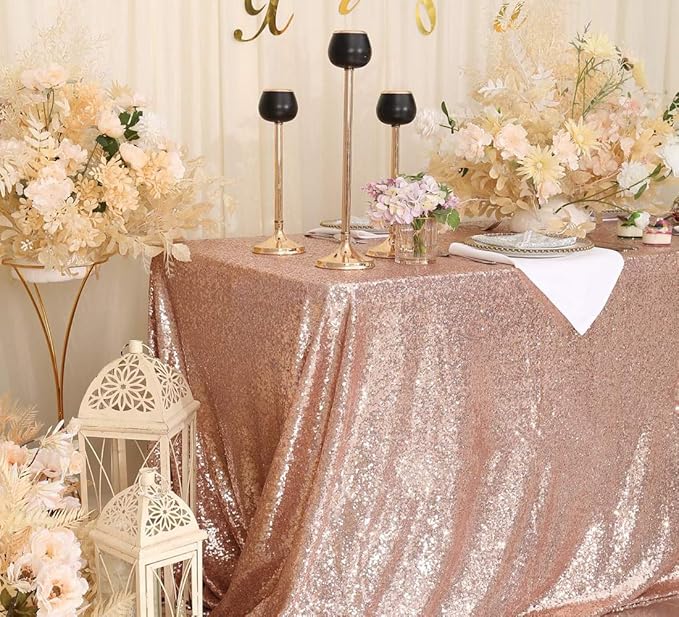 Juya Delight 90" x 132" Rose Gold Rectangular‌ Sequin Tablecloth for Wedding Birthday Party Festival Ceremony Cake Dessert Table