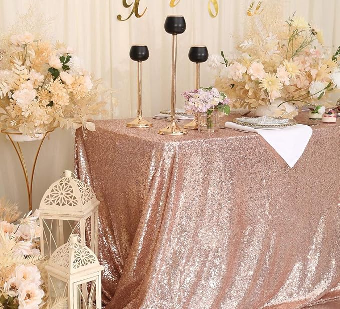 Juya Delight 60" x 120" Rose Gold Sequin Tablecloth Rectangle for Wedding Birthday Party Festival Ceremony Cake Dessert Table