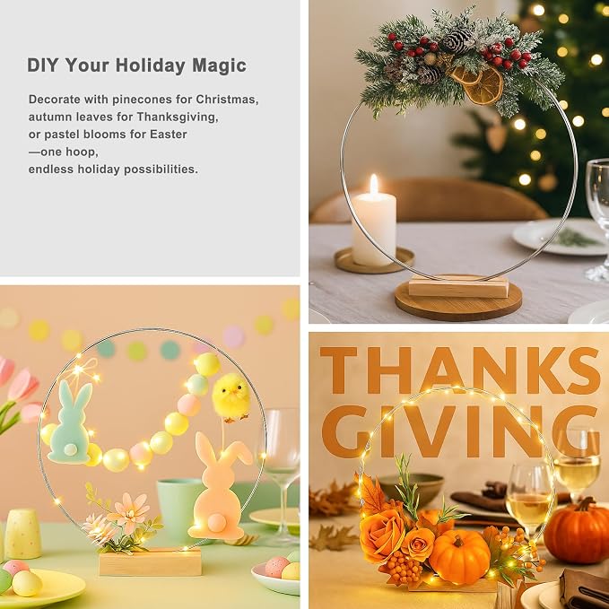 12 Pack Floral Hoop with Stand and LED Fairy Lights 14 inch Metal Rings for DIY Centerpiece Table Decorations Crafts Macrame Rings Hoop Wreath Dream Catcher Ring Wedding Christmas Wreaths, Silver