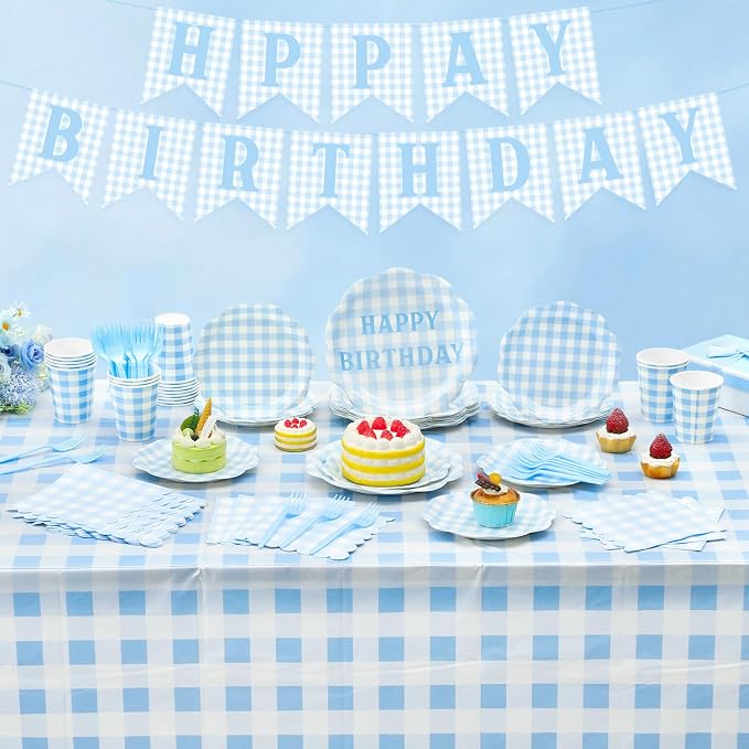 LemonRoad 128 Pcs Blue and White Birthday Party Decoration for 25 Guests, Gingham Checkered Light Blue Birthday Paper Plates Napkins Cups Tablecloth Forks Banner for Birthdays Picnic Party Supplies