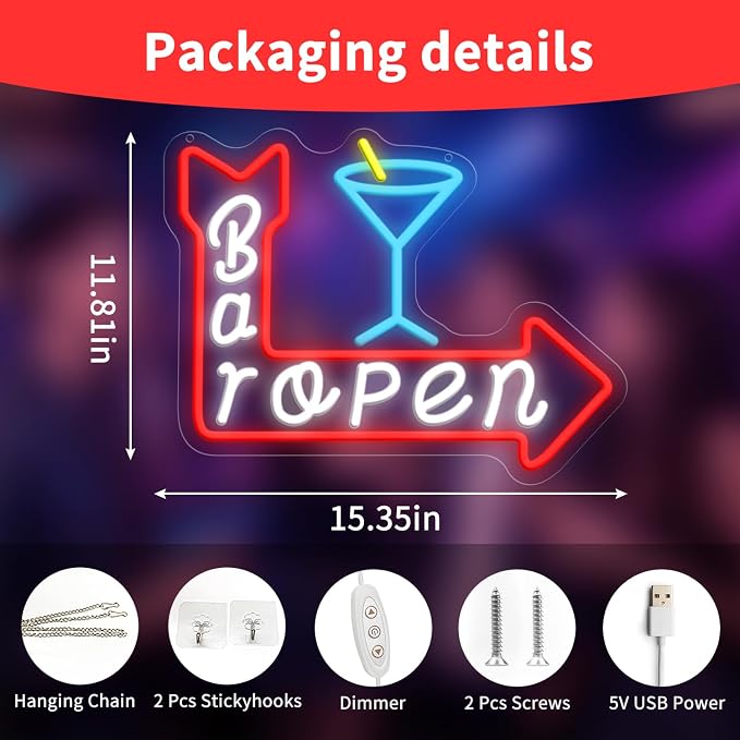 Bar Open Neon Sign, LED Bar Sign Light 15.35 x 11.81 Inch with Dimmer, USB Powered Wall Decor for Home Bar Man Cave Pub Restaurant Beer Bar Game Room Party Decor