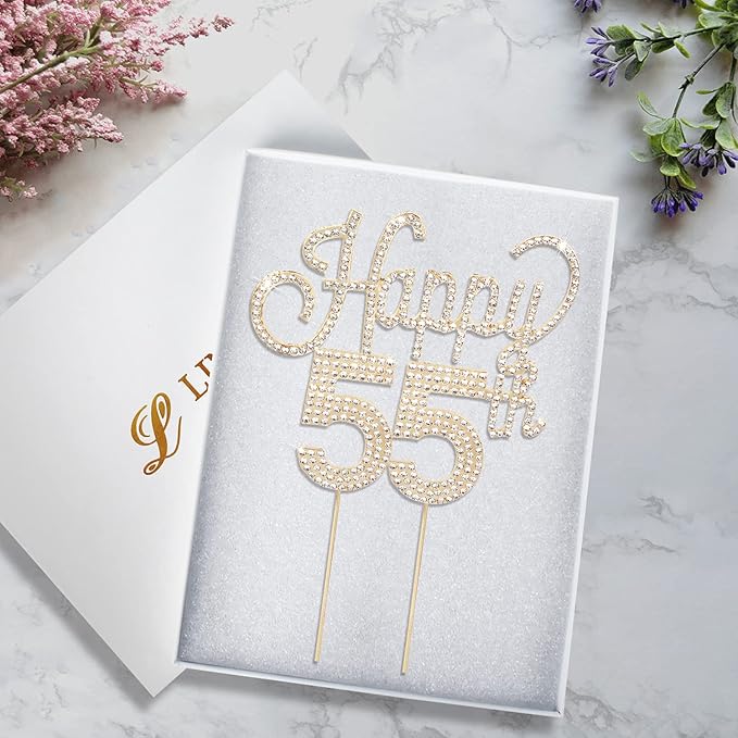 LINGTEER Happy 55th Birthday Gold Rhinestone Cake Topper - Cheers to 55th Birthday 55 Years Old Anniversary Party Cake Centerpieces Topper Decorations Gift Sign.