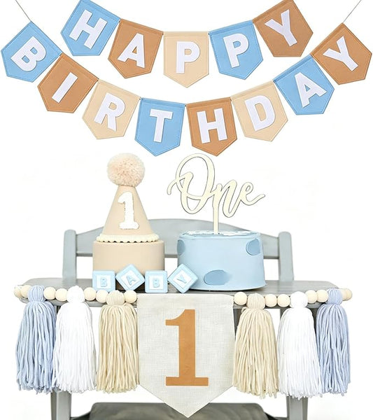 1st Birthday Decorations for Boy - Felt Happy Birthday Banner First Birthday High Chair Banner, Crown Hat, Cake Topper, Pre-Strung Highchair Birthday Banner Birthday Party Supplies (KFBlue One)
