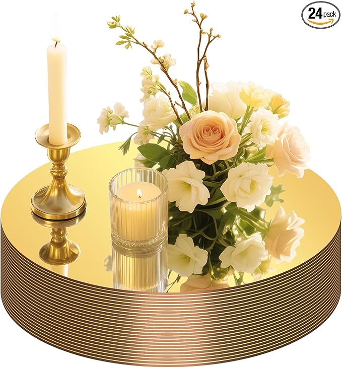 24PCS Gold Round Mirror Centerpieces for Tables, 12" Flat Circle Mirror Plates for Wedding Decorations, Mirror Trays for Candles Flowers Vases, Table Centerpiece Decor for Birthday Party Supplies