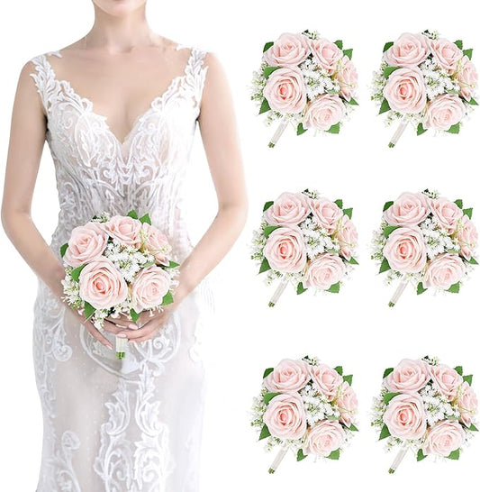 Artificial Bridesmaid Bouquets Set of 6 - 7 Inch Bridesmaid Flower Bouquet Peach Pink Rose Babys Beath Small Floral Bouquet for Wedding Holding Flowers,Bridal Shower Wedding Ceremony Anniversary