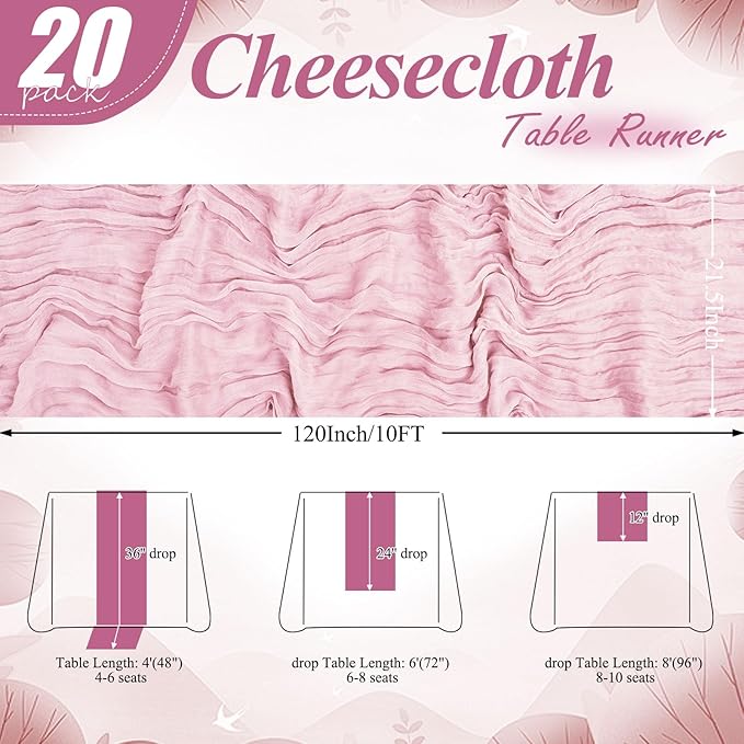 20 Pack Light Pink Cheesecloth Table Runner 10FT Long Boho Gauze Fabric Table Runner Vintage Rustic Sheer Runners for Wedding Party Bridal Baby Shower Table Decorations