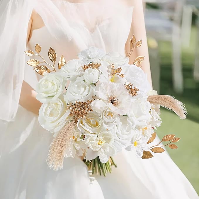 Garisey Artificial Flowers Combo, Mix Silk Flowers Roses, Peonies, Dahlias with Stems for DIY Wedding Bridal Bouquets, Baby Shower, Table Centerpieces, Home Decor, Fake Floral Arrangements-White