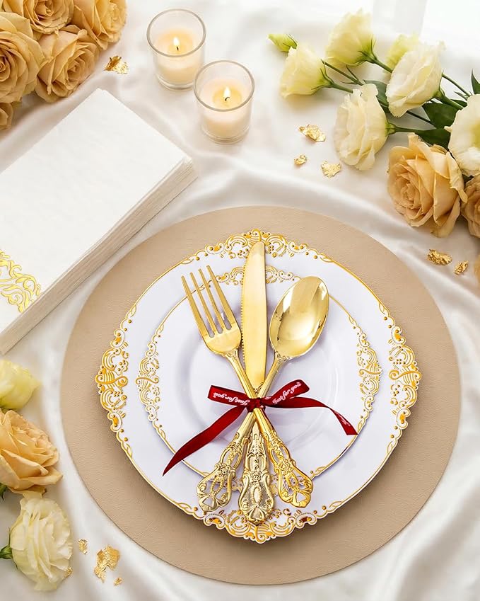 Ciaell 300PCS White and Gold Plastic Plates - Gold Disposable Dinnerware Sets for 50 Guests - 100 Plates, 50 Knives, 50 Forks, 50 Spoons, and 50 Napkins for Wedding, Anniversary, Party