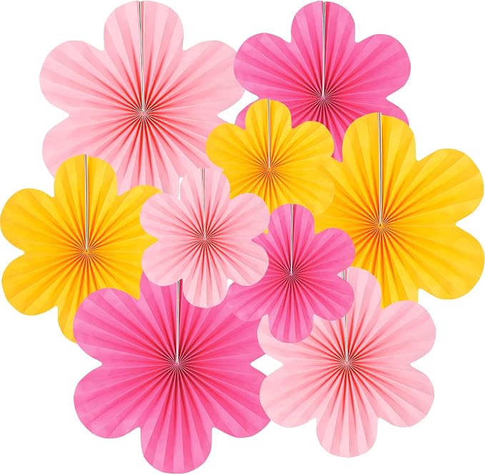 DODOKIM Paper Fans Party Decorations Paper Flowers Decorations for Wall Floral Backdrop Classroom Baby Shower Birthday Party Flower Wall Decor Pack of 9 Pink Yellow