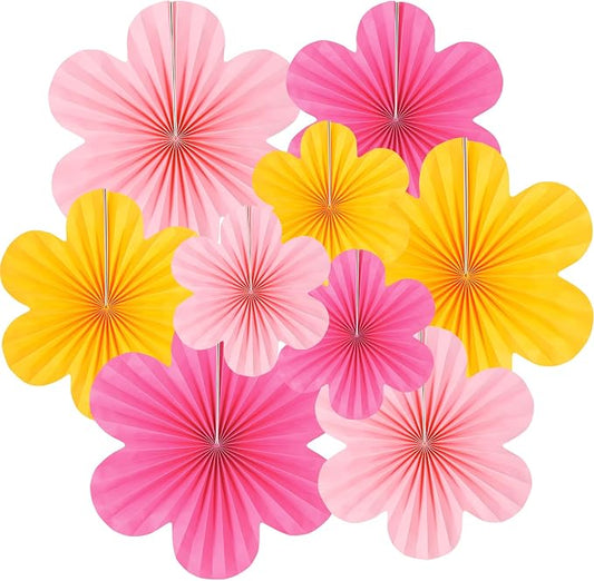 DODOKIM Paper Fans Party Decorations Paper Flowers Decorations for Wall Floral Backdrop Classroom Baby Shower Birthday Party Flower Wall Decor Pack of 9 Pink Yellow
