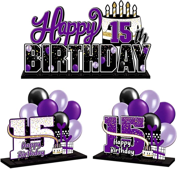 LINGTEER Happy 15th Birthday Purple Acrylic Table Topper Centerpieces Set - Cheers to Fifteen Years Old Birthday 15th Bday Party Gift Decorations.