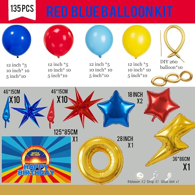 Red Blue Birthday Decorations Balloon Arch Garland Kit with Backdrop & Royal Blue Light Blue Red Gold Balloons, Lightning Ring Star Foil Balloons for Boys Gaming Speed Theme Party