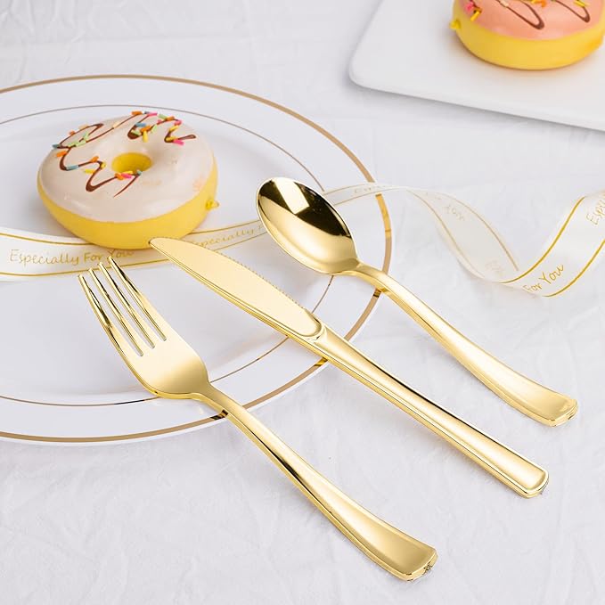 N9R 500PCS Gold Plastic Silverware - Gold Plastic Cutlery Set Disposable Flatware Dinnerware -200 Forks, 150 Spoons, 150 Knives for Party, Birthday, Wedding Utensils