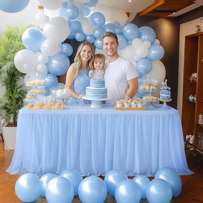 Baby Blue Tablecloth for 6 Foot Rectangle Table, Light Blue Tablecloth Tulle Table Skirt Baby Shower Table Cover 6 Foot Tables Desk Skirt Party Wedding Banquet Elastic Stretch Ruffle Fitted Tablecloth