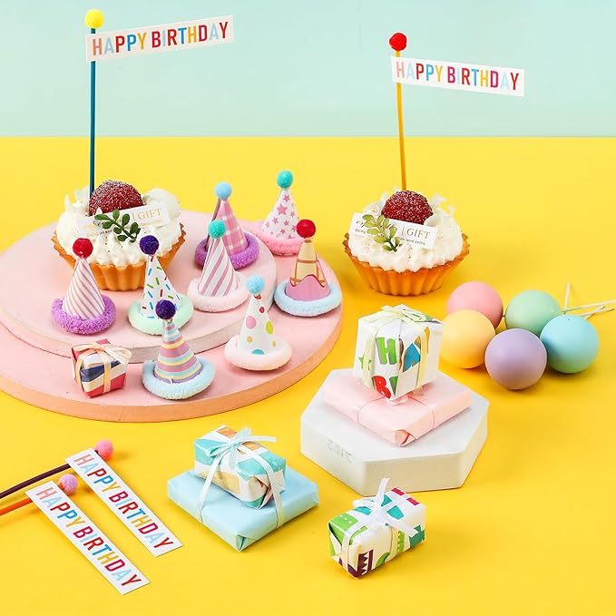 Weysat 22 Pcs Animal Birthday Party Decorations Animal Cake Cupcake Toppers with Mini Hats Miniature Flags Gift Boxes Balls for Jungle Safari Dollhouse Themed Birthday Party Favor Supplies, No Animals