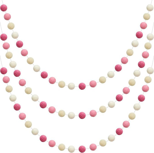 WILLBOND 3 Pieces Wool Felt Rainbow Ball Garland Colorful Pom Pom 6.5 ft Long 24 Ball Garland for Easter Mardi Gras Classroom Halloween Thanksgiving Xmas (Pink,Light Pink,Beige,White)