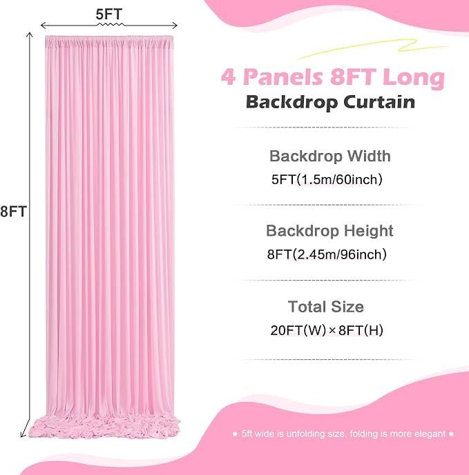 20ft x 8ft Wrinkle Free Pink Backdrop Curtain for Parties, 4 Panels 5×8ft Silky Polyester Light Pink Photo Backdrop Drapes Back Drop Cloth for Girl Party Birthday Wedding Gender Reveal Photography
