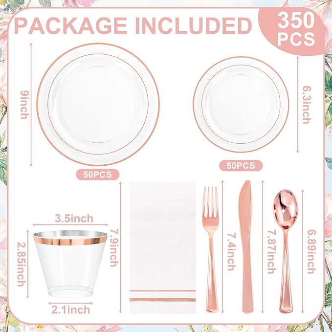 GATHER 350PCS Rose Gold Plastic Plates - Disposable Rose Gold Dinnerware Includes 100 Clear Rose Golds Rimmed Plastic Plates, 150 Silverware, 50 Napkins, 50 Cups for Party, Wedding, Mother's Day