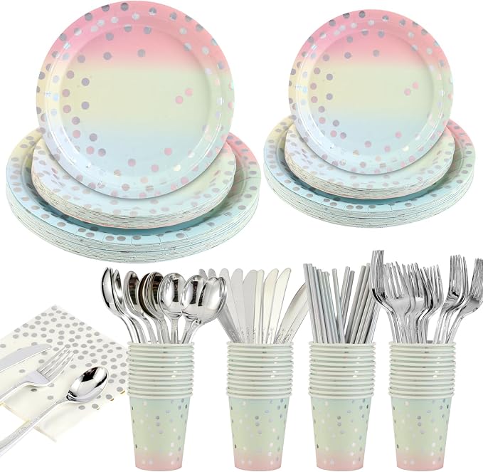400Pcs Disposable Party Dinnerware Set, Paper Tableware Set, Disposable Party Supplies Happy Birthday Paper Plates, Napkins, Cups, Plastic Forks Knives Spoons Straws Favor for 50 Guests