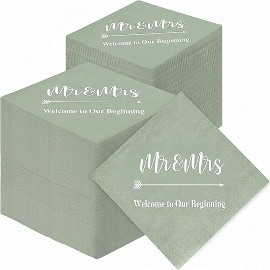 Teling 400 Pcs Wedding Napkins for Reception, 3 Ply Mr Mrs Wedding Cocktail Napkins for Engagement Bridal Shower Party Supplies Beverage Dessert Table Decorations(Sage Green)