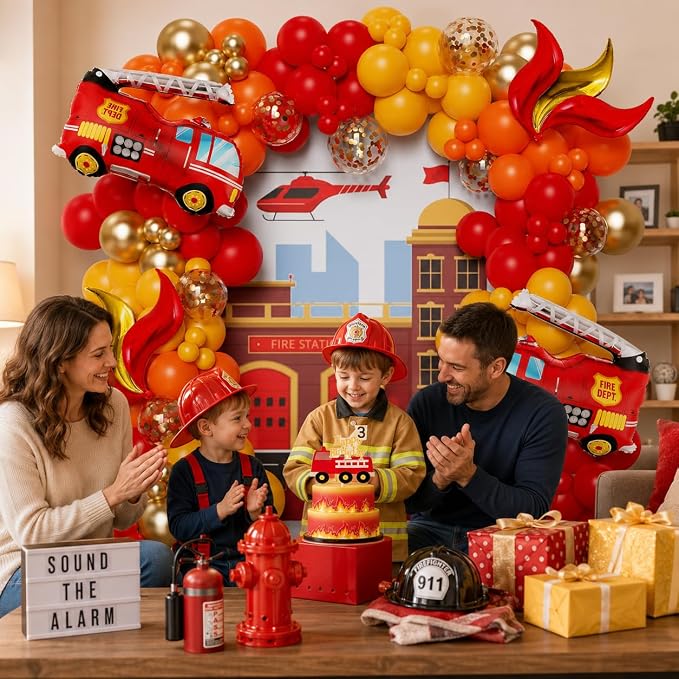 Fire Balloon Garland Arch Kit, 144pcs Red Yellow Chrome Gold Balloons with Fire Truck Foil Balloons for Fireman Party Supplies Birthday Firefighter Rescue Themed Party Decoration (Fire)