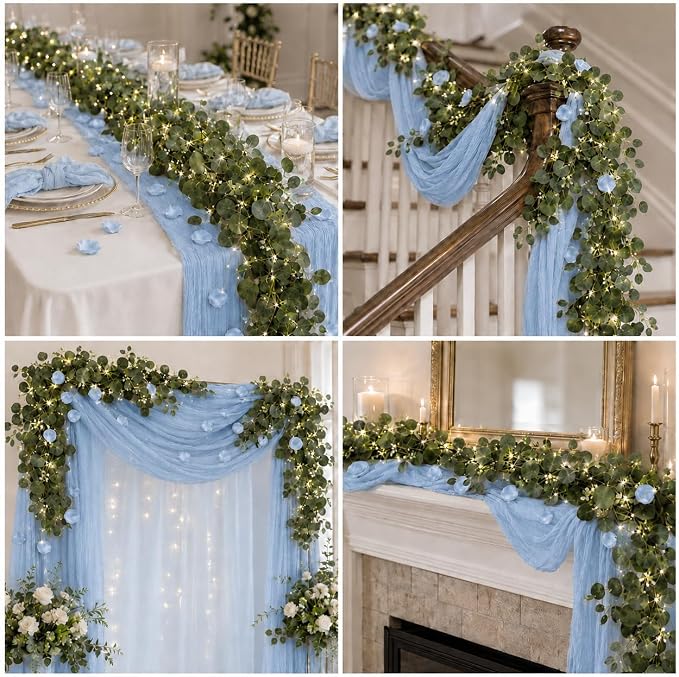 Cinrobiye 11PCS Boho Cheesecloth Table Runner Set with Rose Petals, 120'' Gauze Table Runner, Wrinkled Napkins, Eucalyptus Garland and String Lights for Wedding Baby Shower Tea Party Decorations