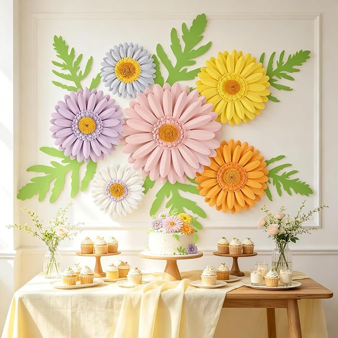 SUNBEAUTY Daisy Party Decorations, Paper Flowers, Flower Wall, Purple Yellow Flowers Wall Hanging, 1st Birthday Bridal Baby Shower Wedding Classroom Tea Party Daisy Décor 10" 7" 5" Pack of 12