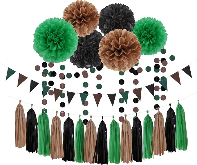 Green Black Brown Party Decorations - 23pcs Tissue Pom Poms Streamers,Football Woodland Baby Bridal Shower Tassel Garland Banner,Superbowl Birthday Hunting Camp Forest Jungle Decor Backdrop Ouruola