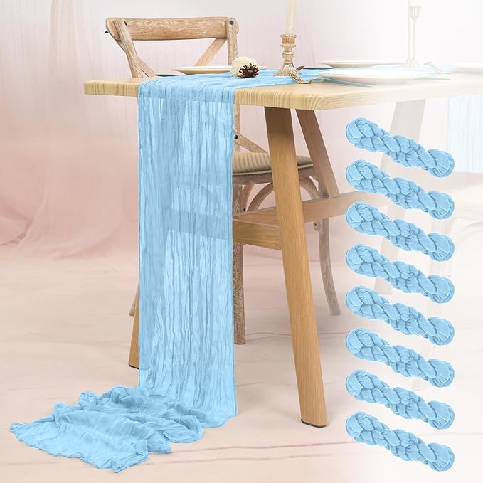 8 Pack Light Blue Cheesecloth Table Runner 10FT Baby Blue Boho Gauze Cheese Cloth Table Runner Rustic Sheer Fabric Table Runners for Wedding Bridal Shower Baby Shower Party(21.5×120 Inch)