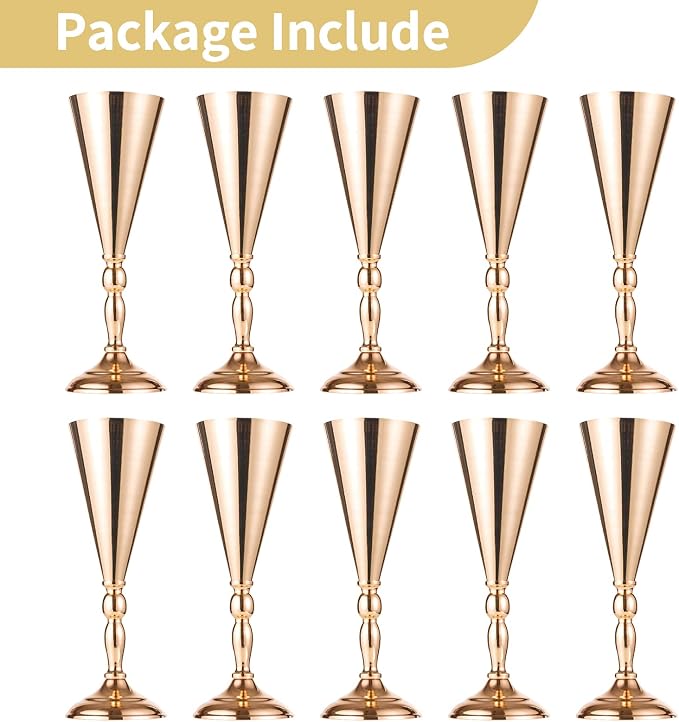 NUPTIO Tabletop Metal Wedding Flower Trumpet Vase Table Decorative Centerpiece Artificial Flower Arrangements for Anniversary Ceremony Party Birthday Event Aisle Home Decoration (10 x M, Gold)