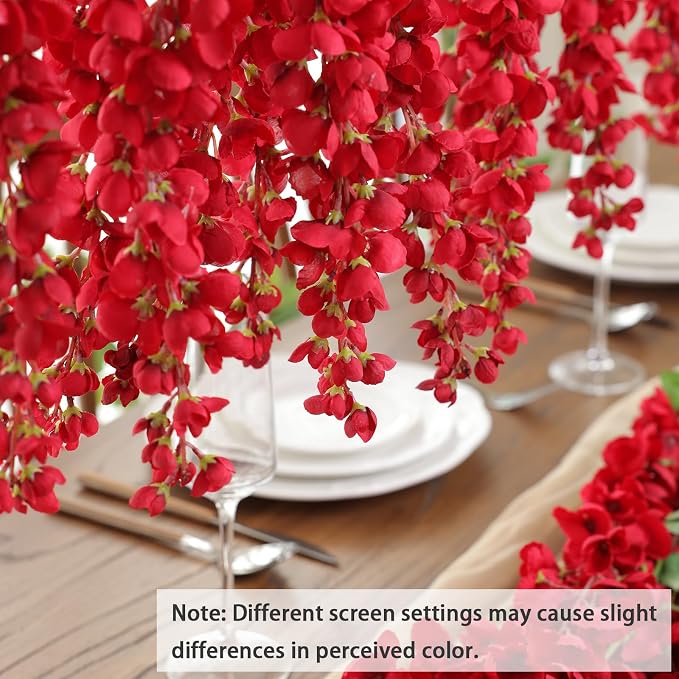 mizii 6Pcs Red Wisteria Hanging Flowers 48" Silk Wisteria Artificial Flowers Garland Vines Fake Hanging Flowers Decoration for Wedding Flower Wall Backdrop Centerpieces Room Decor (Red)