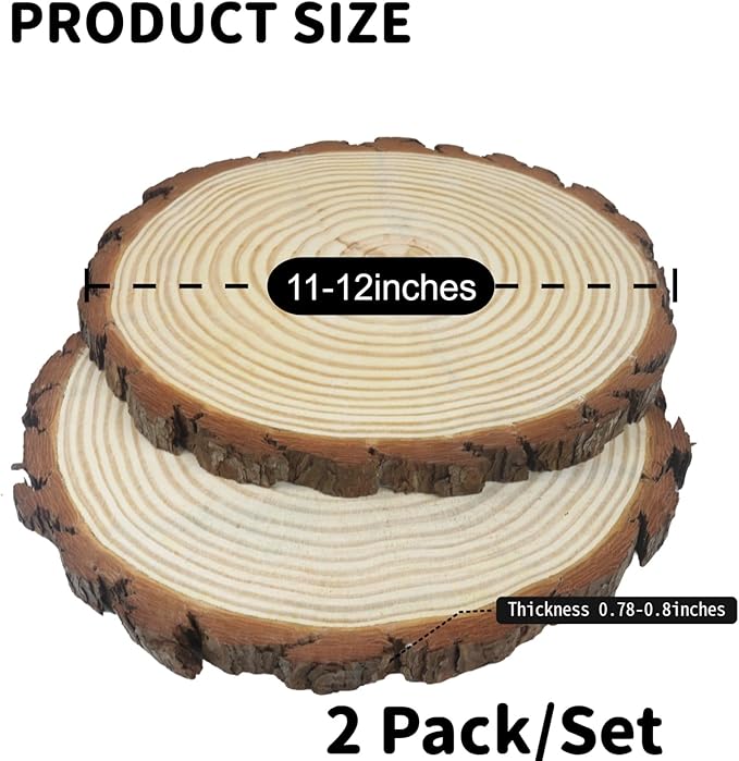 Large Wood Slice Rounds, Natural, 11-12 Inch Diameter, Set of 2, for Wedding Centerpieces, Event Table Decor, Rustic Home Display