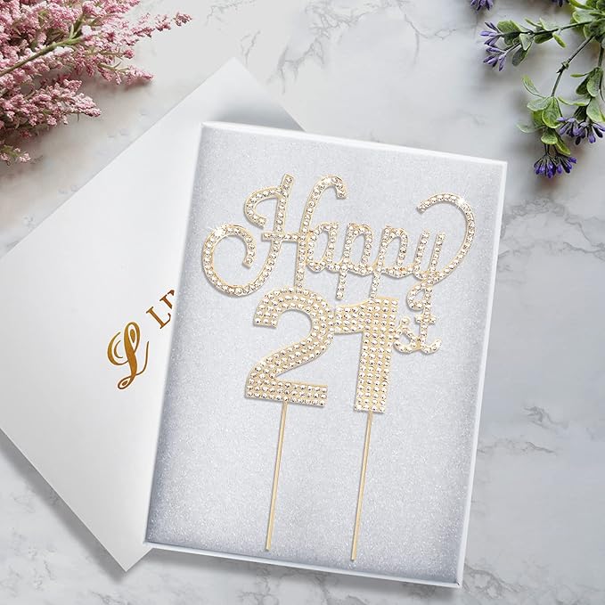 LINGTEER Happy 21st Birthday Gold Rhinestone Cake Topper - Cheers to 21st Birthday 21 Years Old Party Cake Centerpieces Topper Decorations Gift Sign.