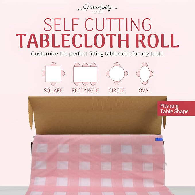 Grandipity Plastic Tablecloth Roll - 54in x 100 Ft. Pink Gingham Plastic Table Cloths for Parties Disposable with Cutter Box - Cut to Size Disposable Tablecloth Table Cover for Rectangle & Round