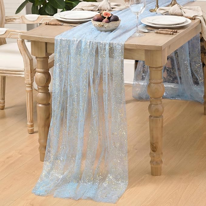 Artoid Mode 3PC Gold Gauze Light Blue Table Runner 120 Inch 10FT, Glitter Metallic Foil Sheer Dining Wedding Anniversary Holiday Birthday Table Decor for Home Party