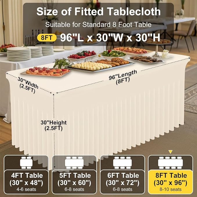 Smiry Spandex Tablecloth, Elastic Fitted Stretch Tablecloth for 8FT Rectangle Tables, Waterproof Washable Table Cover Skirt for Outdoor, Wedding, Banquet & Parties (Beige, 96Lx30Wx30H Inch)