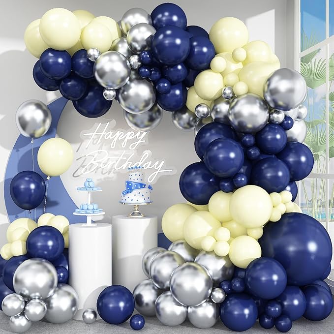 Navy Blue and Silver Balloon Arch Kit, Graduation Balloon Garland Kit with Metallic Silver Blue Latex Balloons Different Size for Class of 2026 Graduation Birthday Retirement Anniversary Wedding Decor