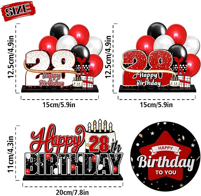 LINGTEER Happy 28th Birthday Red Acrylic Table Topper Centerpieces Set - Cheers to 28 Years Old Birthday 28th Bday Party Gift Decorations.