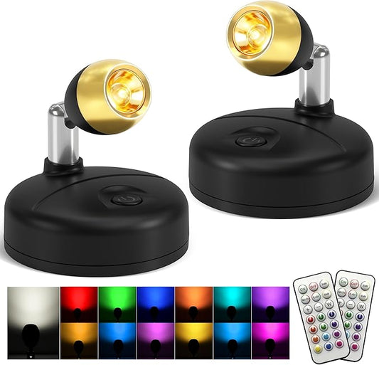 KINDEEP Spot Lights Indoor with Remote: Battery Operated Uplighting, Led Wireless Uplights, Timer＆Dimmable, RGB Small Spotlights for Displays, Picture Lights for Painting, Black, 2 Pack
