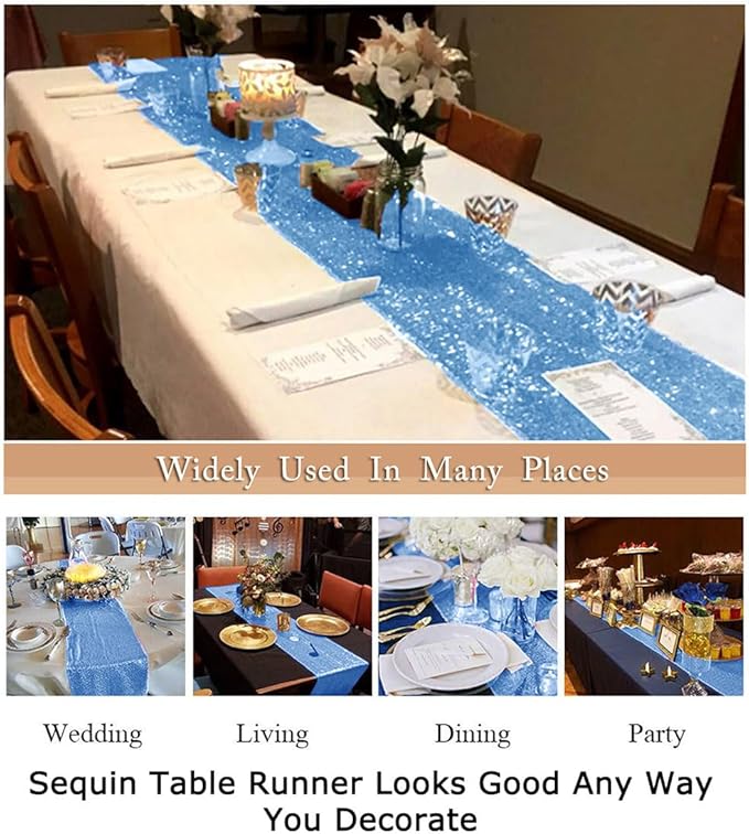 ShinyBeauty Blue Table Runners 12x108-Inches Pack of 10 Home Kitchen Sequin Table Runner Wedding Graduation Party Supplies Glitter Fabric Linen Birthday Baby Shower Outdoor Decor