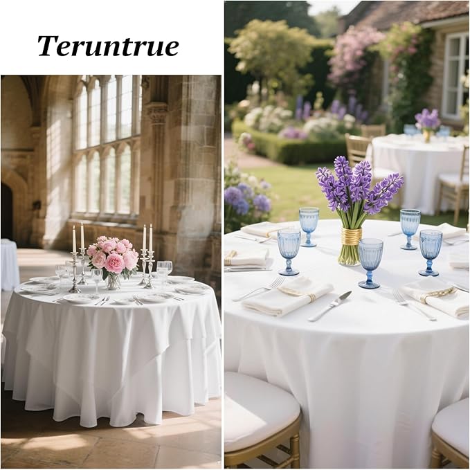 Teruntrue 12 Packs White Round Tablecloths 90 inch Round Table Cloth, Washable Polyester Fabric for Wedding Parties Banquet Holiday Dinner Table Decorative, White