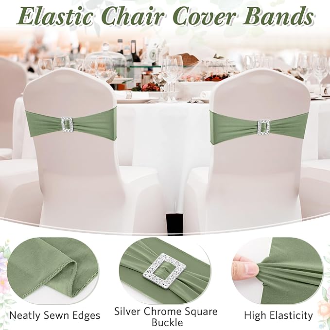VitalCozy 100 Pcs Spandex Chair Sashes with Square Buckle Slider Stretch Chair Cover Band Universal Elastic Ties Straps Bows for Wedding Banquet Event Party Decoration(Sage Green)