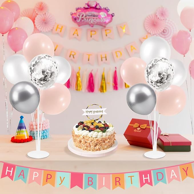 ZJDHPTY 4Set Silver Pink Balloon Stand Girl Baby Shower Decorations | Table Balloon Centerpiece for Girls 1st Sweet 16 Birthday Bridal Shower Engagement Wedding Bachelorette Party Decor