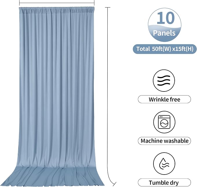 50ftx15ft Dusty Blue Backdrop Curtains for Parties, Wrinkle Free Polyester Photo Backdrop Drapes 10 Panels 15 ft Long Back Drop Cloth Drapery for Wedding Birthday Photography Background Party