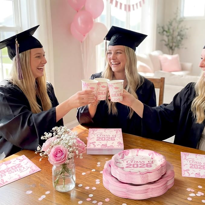Newtay 250 Pcs Pink Bow Graduation Disposable Plates and Napkins Pink Congrats Grad Disposable Tableware Set for 50 Guests Paper Plates Napkins Cups for Girls Nurses Graduation Party Supplies